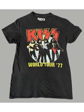 Kiss World Tour 77 Black T-Shirt Size S 100% Cotton Vintage Style